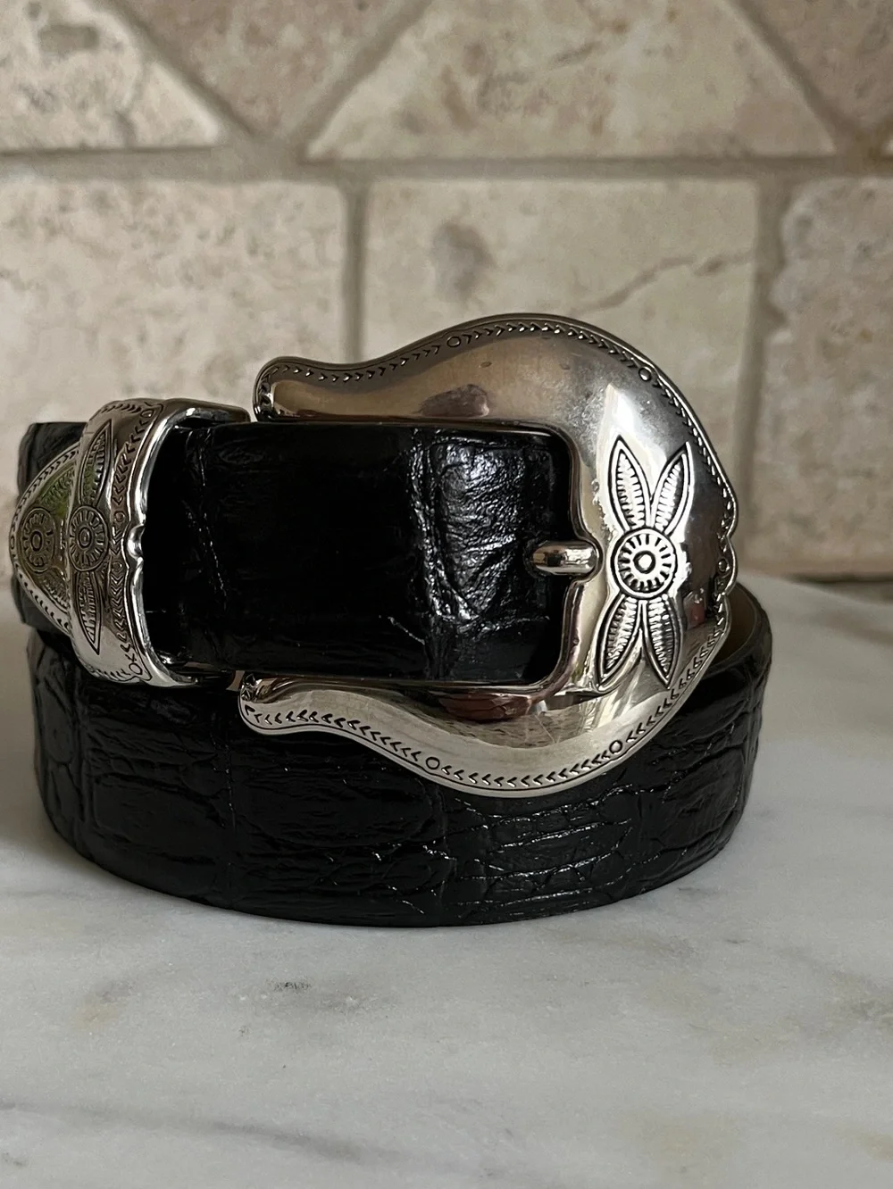 VTG Valentino Black Leather Large Silver Buckle Belt 34